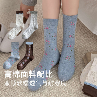 远润家秋冬复古撞色碎花菱格花边百搭袜子女无骨中筒棉袜女