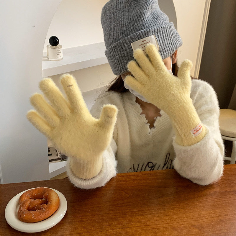2026年秋冬季新款纯色毛绒手套女分指可触屏加厚保暖防寒户外骑行