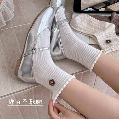 可爱花边袜子女日系短筒袜无骨棉质春秋麻花复古低帮花朵中筒袜