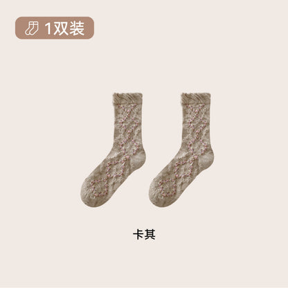 远润家秋冬复古森系立体浮雕花边中筒袜子女森系无骨堆堆棉袜