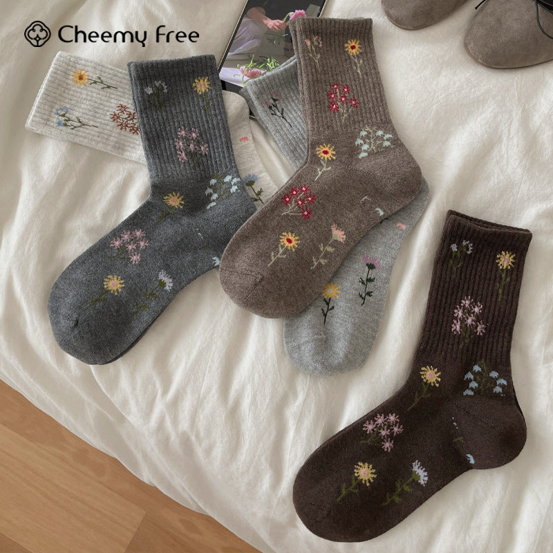 CHEEMYFREE复古森系小雏菊花朵中筒袜子女秋冬羊毛保暖韩系堆堆袜