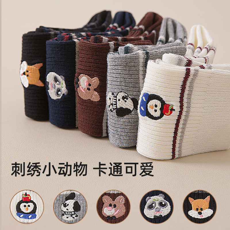 堆堆袜子女秋冬新款可爱卡通刺绣中筒袜百搭条纹双针无骨透气棉袜