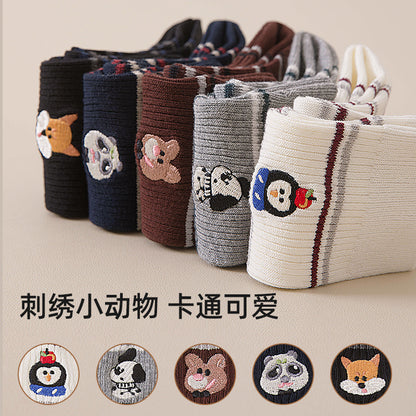堆堆袜子女秋冬新款可爱卡通刺绣中筒袜百搭条纹双针无骨透气棉袜