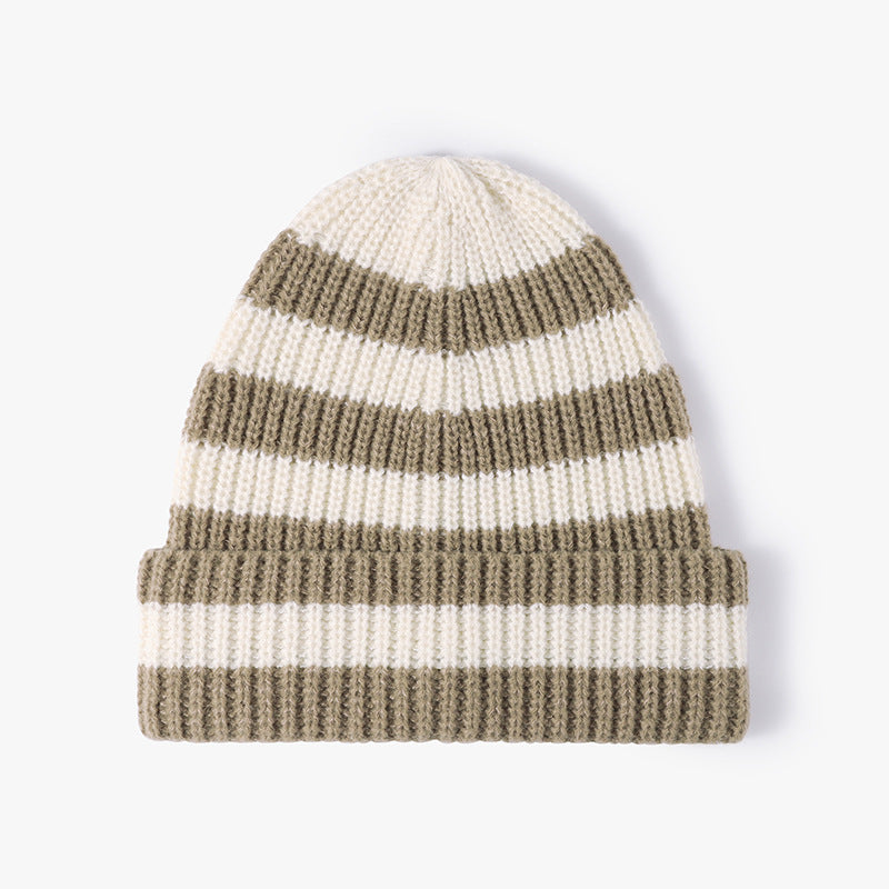 Beige wide-stripe cuffed knit beanie product view