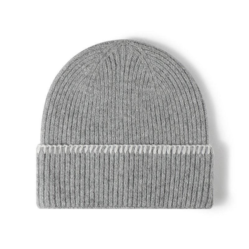 Navy contrast-stitch cuffed knit beanie product view