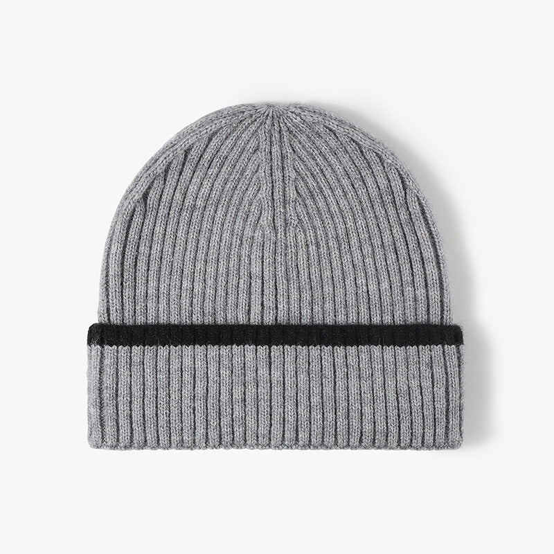 Light Gray contrast stripe ribbed cuffed knit beanie product view