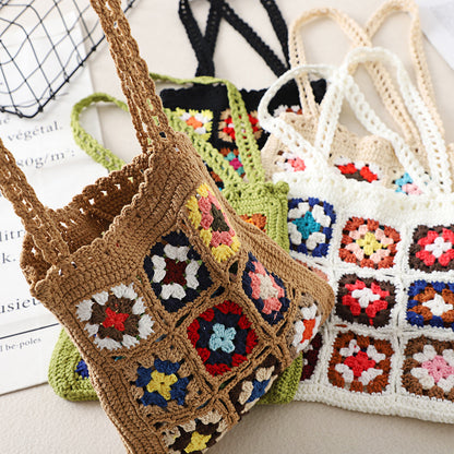 Side angle of Cosbai Bohemian crochet woven tote bag showing texture