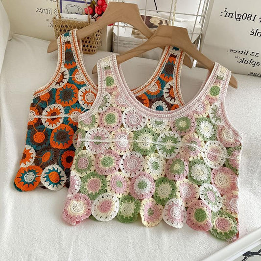 Colorful Vintage Floral Crochet Knit Tank Top