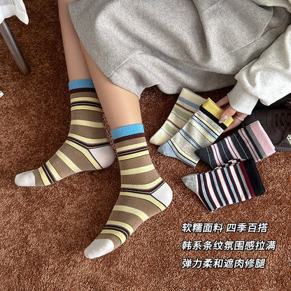 阿程家批发袜子女款条纹无骨中筒袜ins韩系秋冬棉袜日系复古堆堆