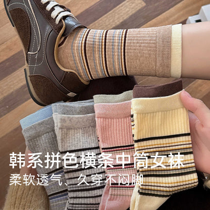CHEEMY FREE秋冬韩系拼色横条纹中筒袜子女miu风无骨双罗口堆堆袜