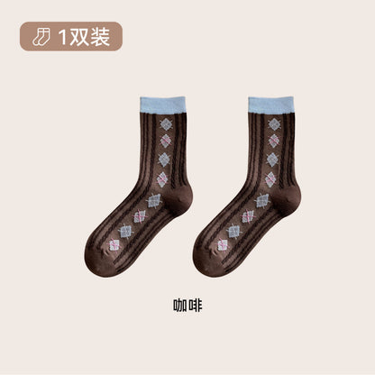 远润家秋冬复古撞色碎花菱格花边百搭袜子女无骨中筒棉袜女