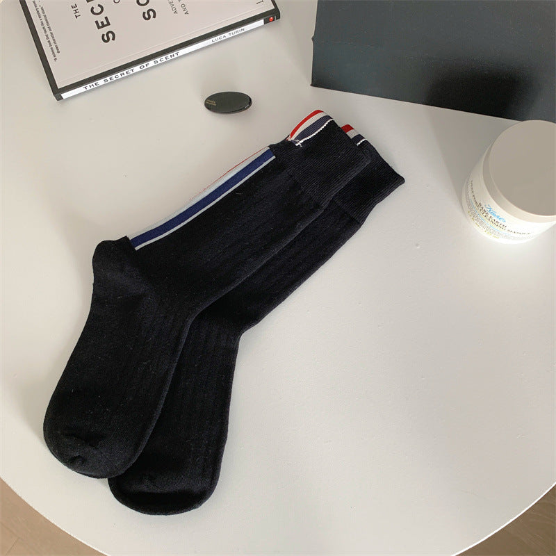 tb风袜子秋冬新款后跟织带装饰经典三条杠学院风潮牌袜日系堆堆袜