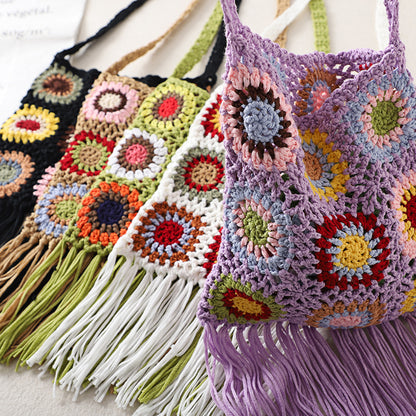 Cosbai Bohemian tassel crochet crossbody bag front view on white background