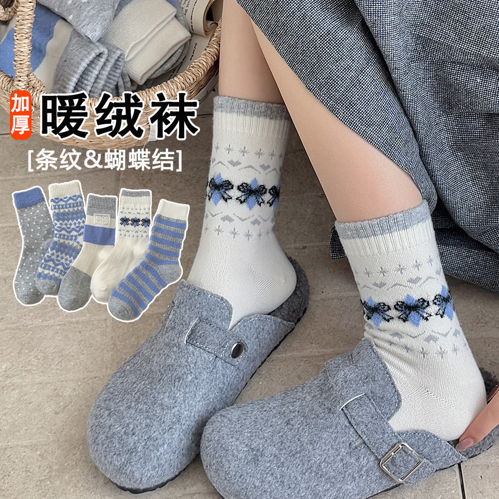 秋冬加厚袜子女暖绒袜保暖细腻中筒袜费尔岛条纹蝴蝶结百搭堆堆袜