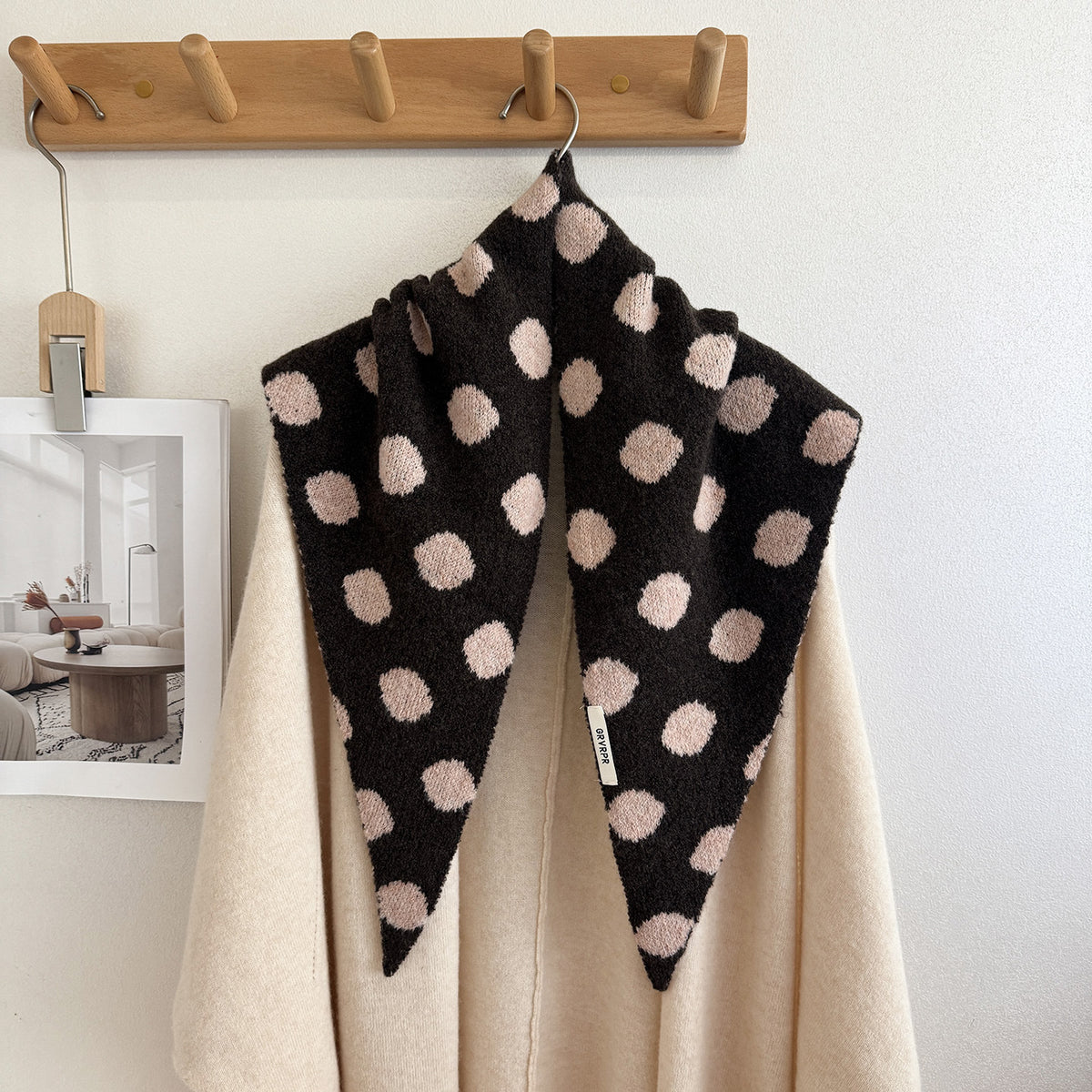 Product image for Scarvii - Fuzzy Polka Dot Triangle Scarf (Dark Coffee)