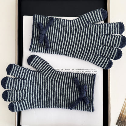Product image for Gloving - Striped Bow Detail Ribbed Knit Gloves (Navy)