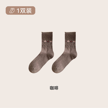 CHEEMYFREE秋美拉德焦糖碎花花边中筒袜子女复古咖色无骨堆堆袜女