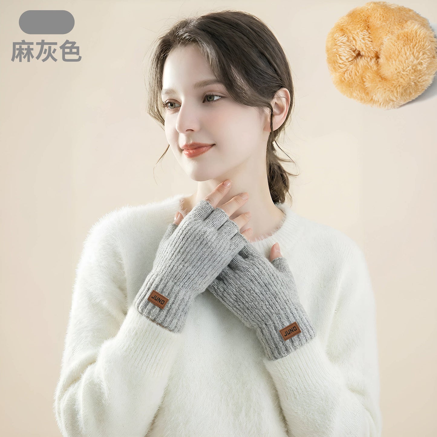 女士加厚漏指手套秋冬季针织加绒半截防寒写字保暖双层半指手套