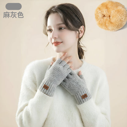 女士加厚漏指手套秋冬季针织加绒半截防寒写字保暖双层半指手套