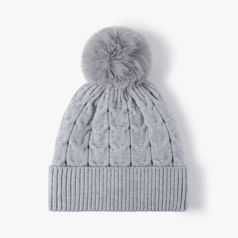 Gray plush lined cable knit pom beanie