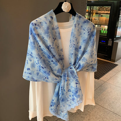 Scarvii - Sheer Watercolor Floral Lace-Trim Scarf