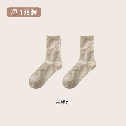CHEEMY FREE秋冬复古浮雕提花木耳边文艺小清新中筒袜袜子女堆堆
