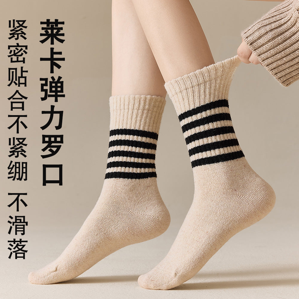 秋冬新款日系羊绒袜子女韩版条纹袜子学院风中筒堆堆袜加厚长袜女