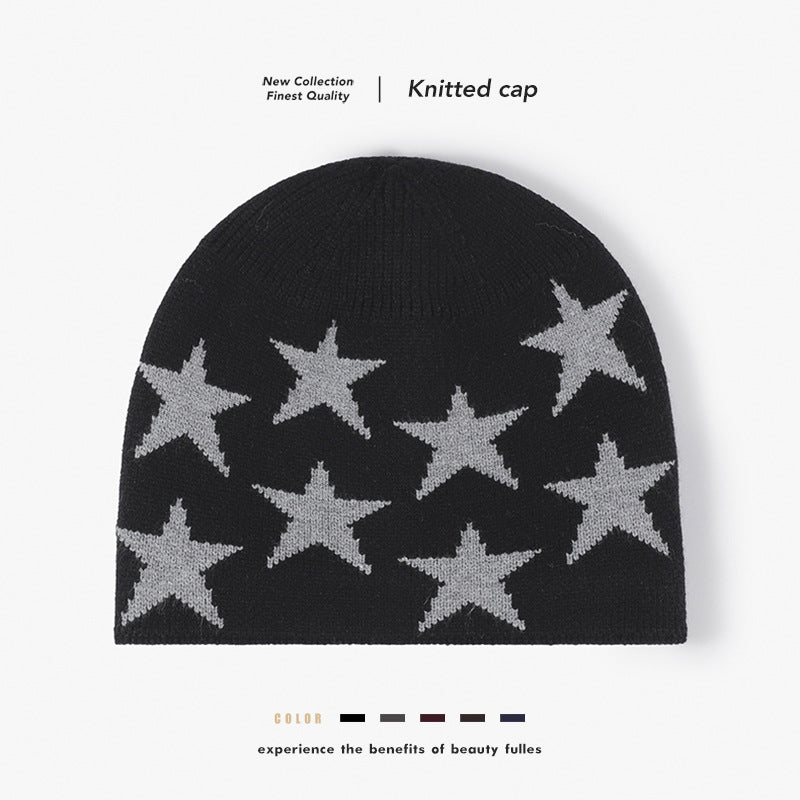 Black star jacquard fleece-lined knit beanie product view