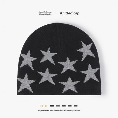 Black star jacquard fleece-lined knit beanie product view
