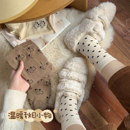 秋冬可爱小狗棉袜中筒女袜软糯舒适百搭休闲咖色系ins潮韩版长袜