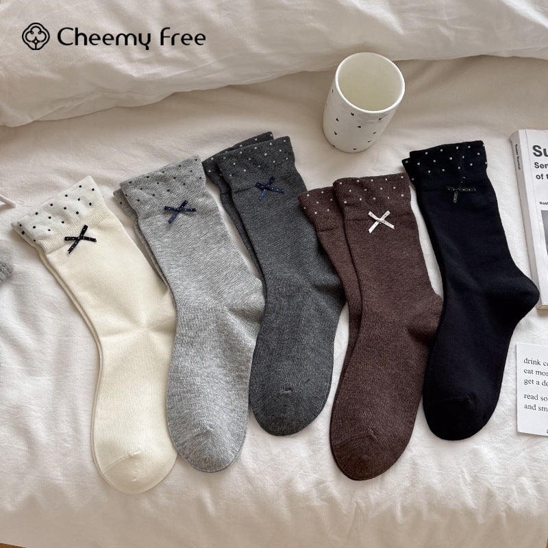 CHEEMY FREE秋冬韩系波点罗口蝴蝶结小清新中筒袜子女无骨棉袜女