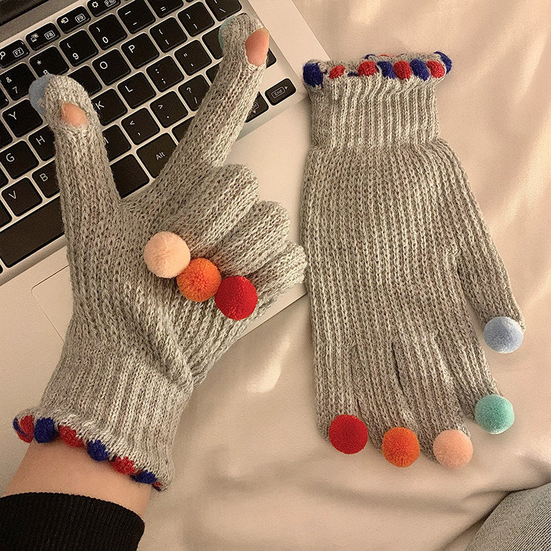 Gloving - Multicolor Pom-Pom Ribbed Gloves