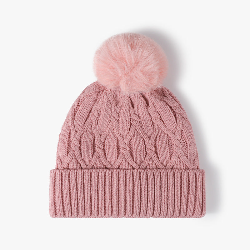 Pink cable knit pom-pom cuffed beanie product view