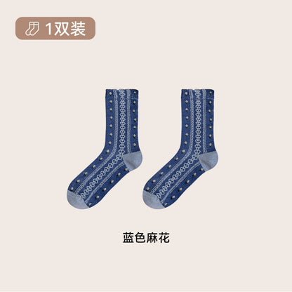 远润家秋冬韩系海盐蓝木耳花边中筒女袜复古百搭无骨堆堆棉袜