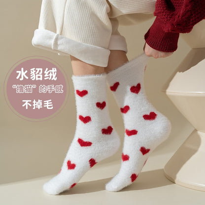 水貂绒袜子女秋冬季加绒加厚中筒袜抗寒保暖月子袜居家睡眠地板袜