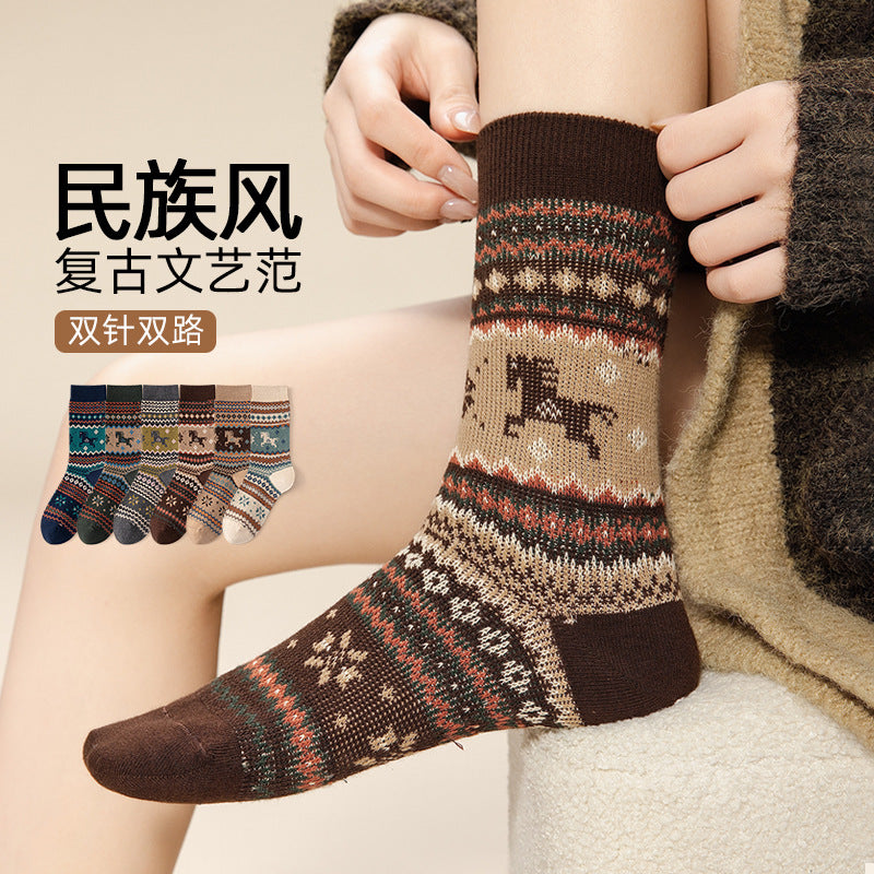 复古民族风中筒女袜秋冬季新款美拉德堆堆袜双针双路百搭马年袜子