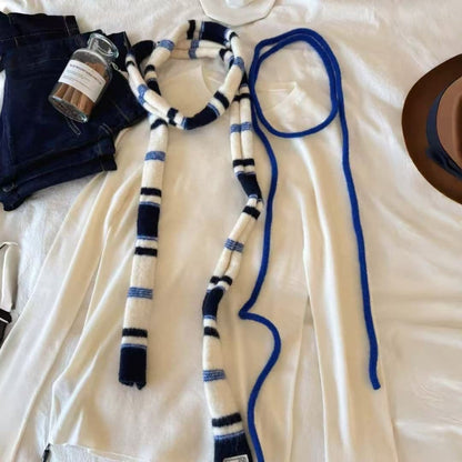 y2k彩虹条纹针织小围脖长条窄版围巾女新款时尚百搭细长条窄围巾