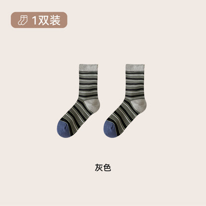 远润家秋冬复古条纹袜子女春百搭老钱风撞色无骨堆堆棉袜女