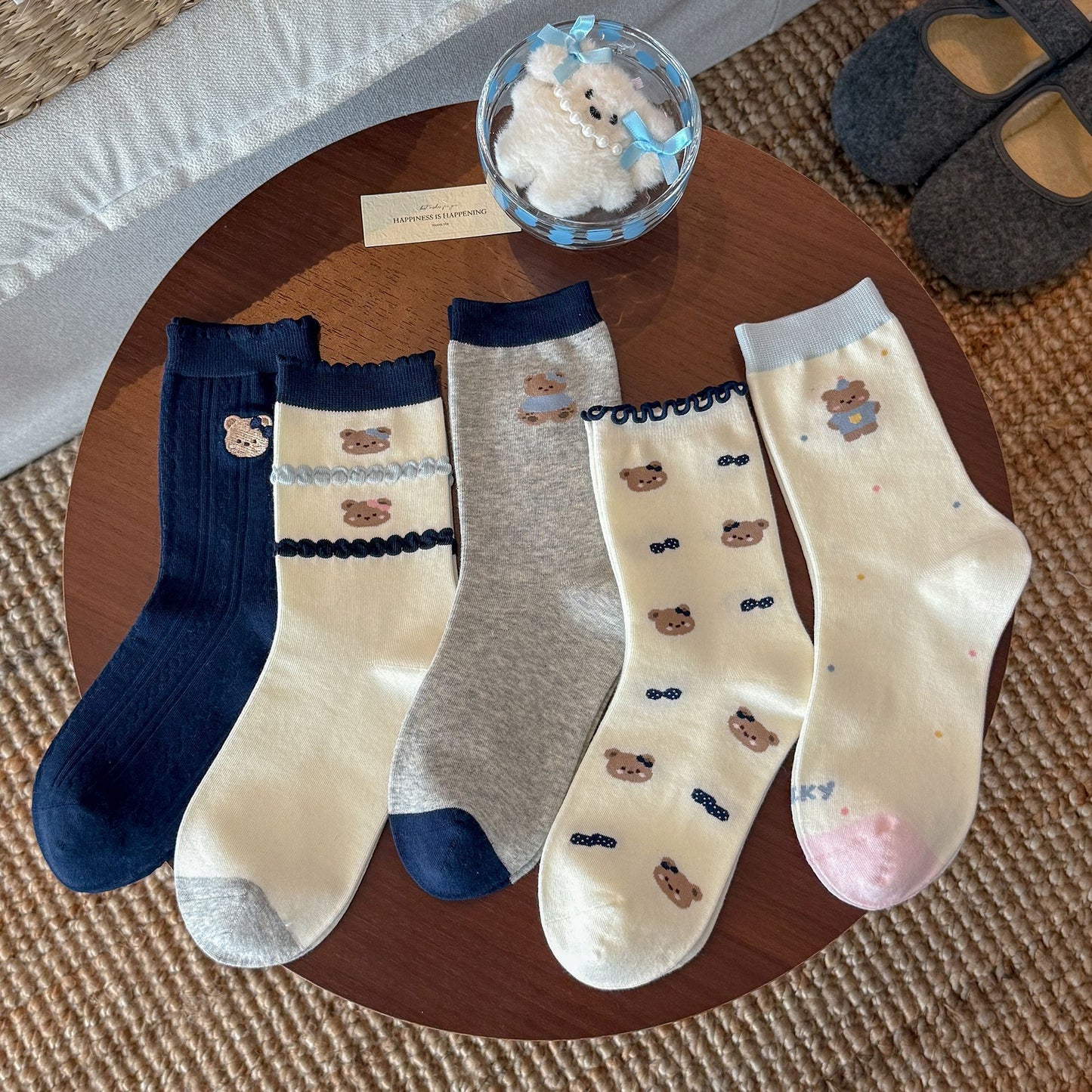 日系甜美小熊刺绣袜子女款学院风花边中筒袜休闲百搭可爱卡通女袜