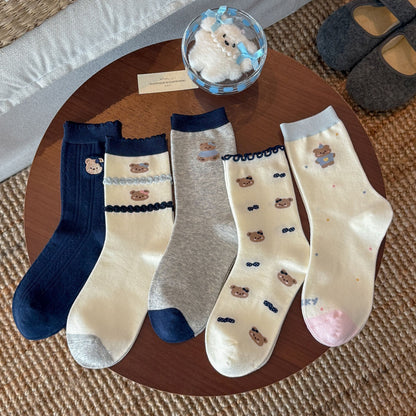 日系甜美小熊刺绣袜子女款学院风花边中筒袜休闲百搭可爱卡通女袜