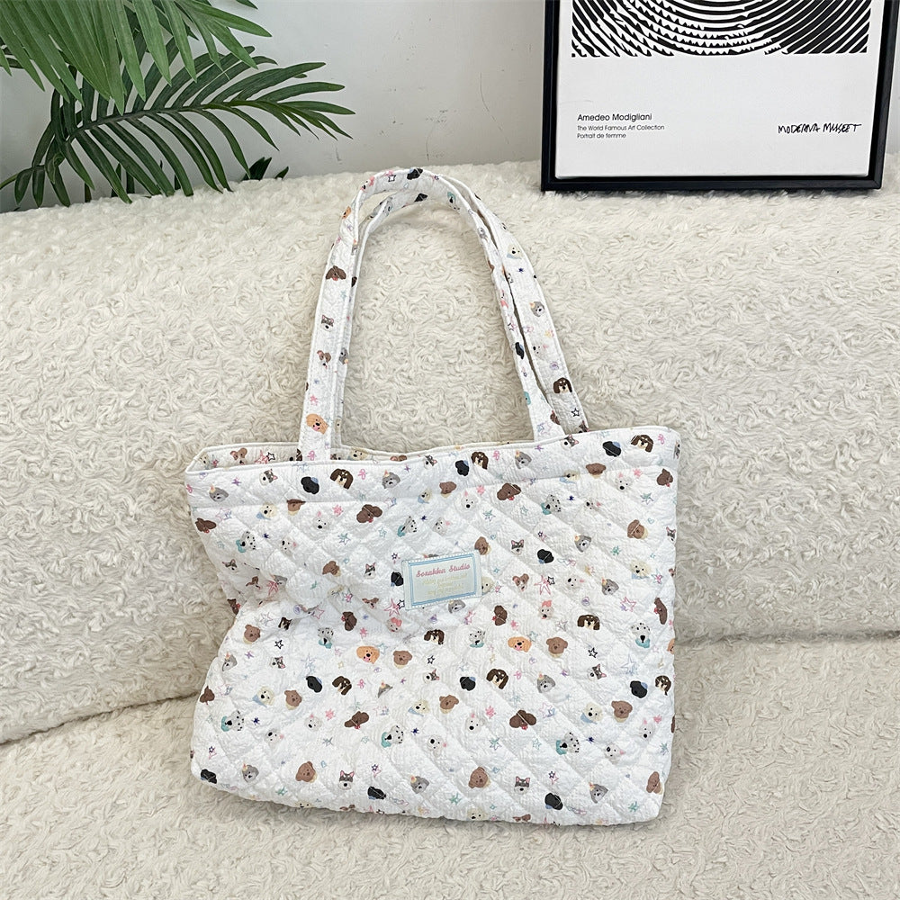 Cosbai - Floral Quilted Tote Bag with Cartoon Pattern