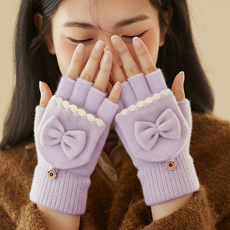 冬季保暖手套女翻盖蝴蝶结针织手套女成人触屏手套加绒露指手套男