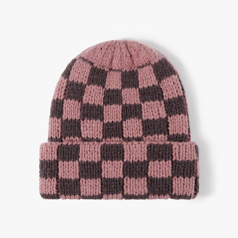 Pink Brown checkerboard knit cuffed beanie