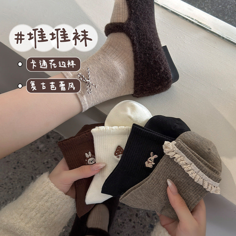 短袜ins韩系卡通美拉德复古咖春秋女士棉袜森系袜子女秋季中筒袜