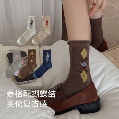 CHEEMY FREE卷边菱格蝴蝶结中筒女袜秋冬复古饰品无骨棉堆堆袜女