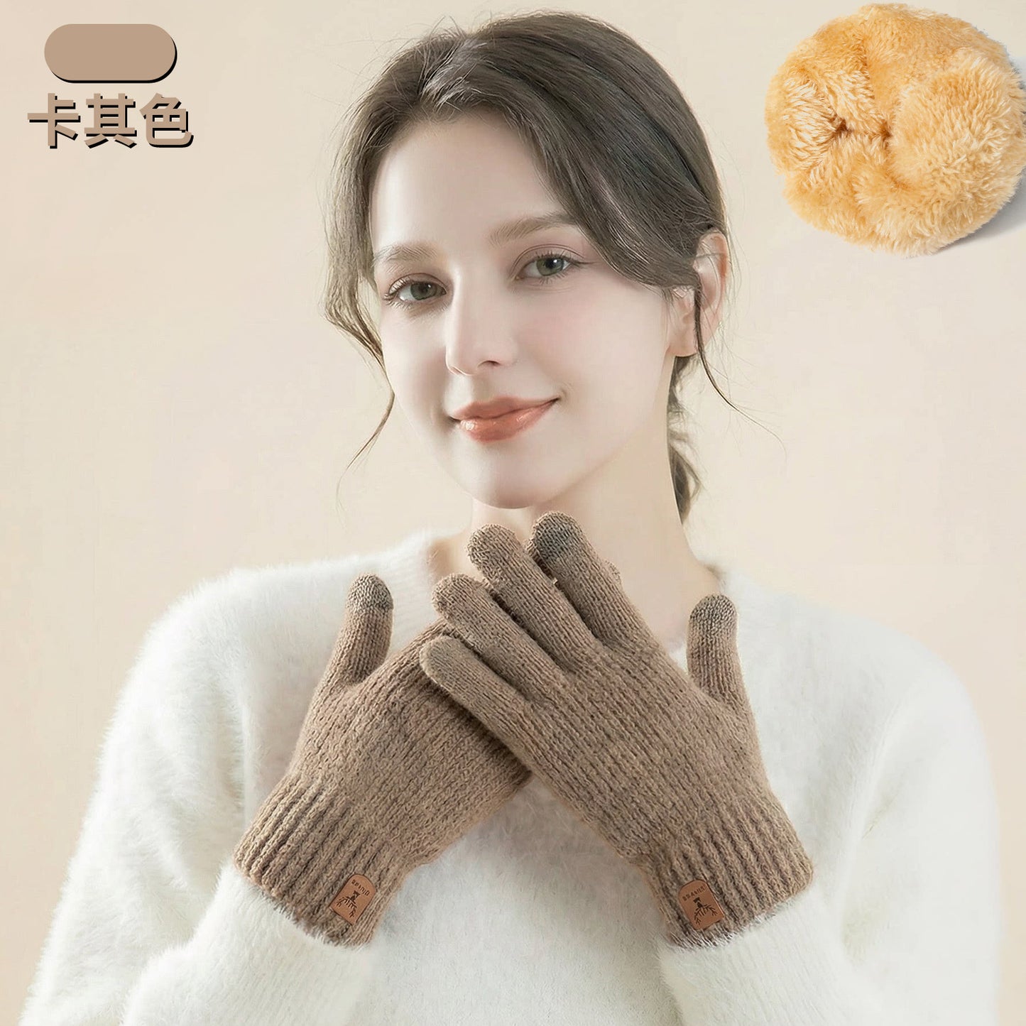 新款触屏手套冬季女士针织手套防寒双层加绒加厚户外骑行保暖手套