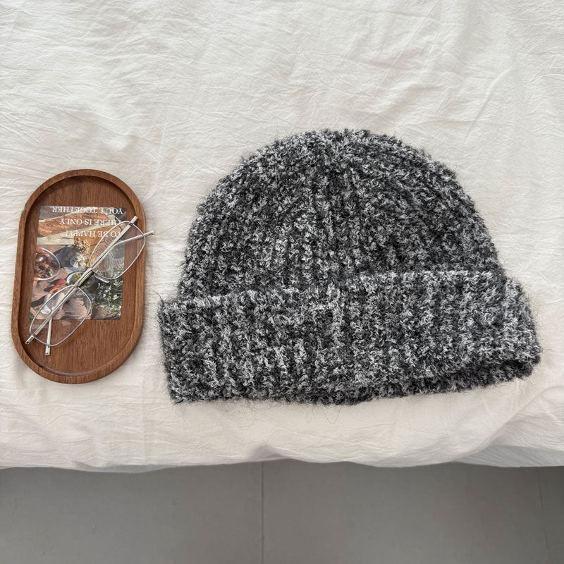Gray textured fleck knit beanie flat lay