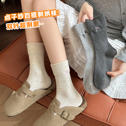 阿程家批发袜子点子纱女春秋中筒袜蝴蝶结刺绣JK洛丽塔双针堆堆袜