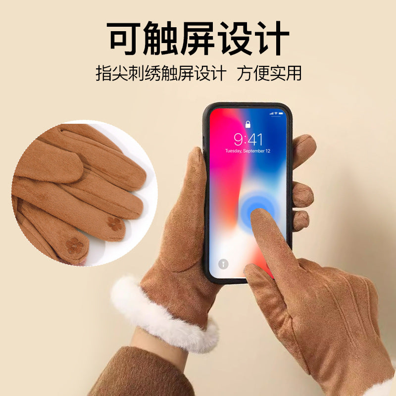 冬季鹿皮绒保暖手套女加绒加厚手套防风触屏手套男骑行滑雪手套女