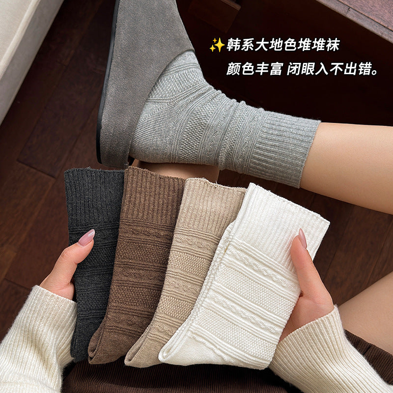 阿程家批发袜子女款秋冬复古日系针织中筒袜纯色软糯棉袜堆堆袜子